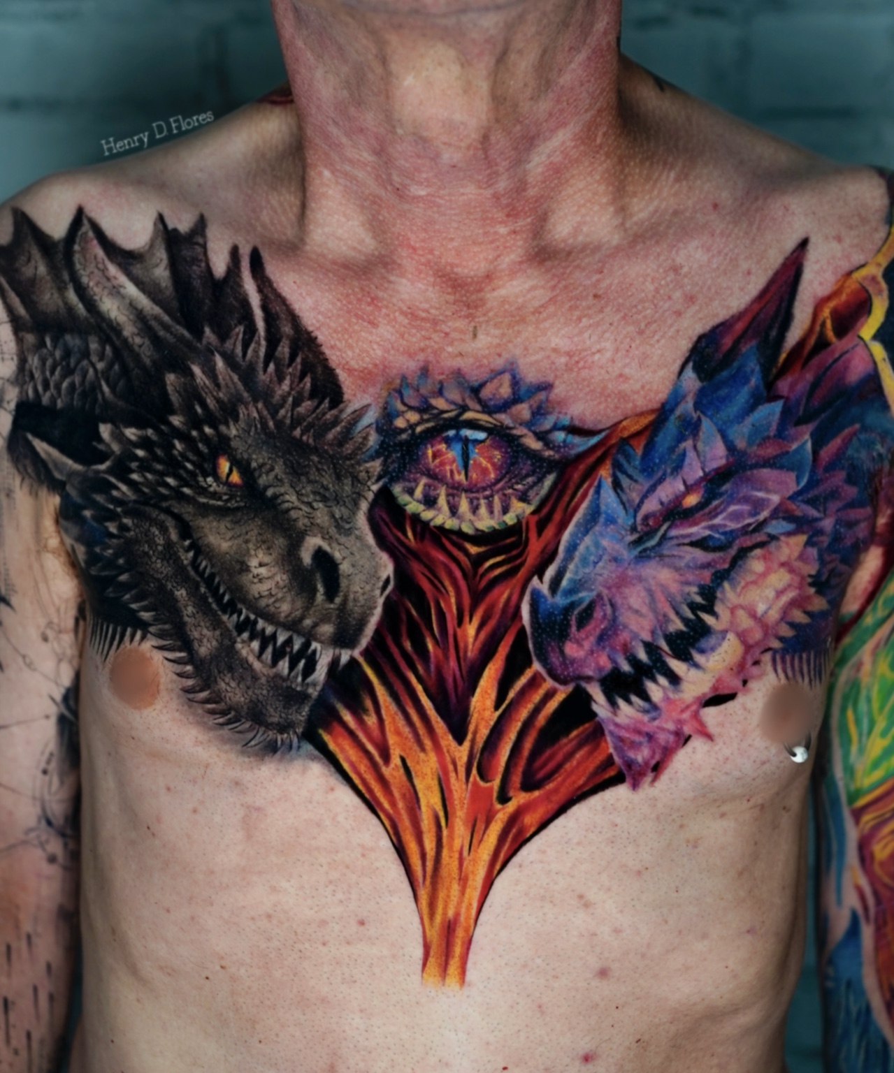 Fantasy dragons color realism chest tattoo by Henry D. Flores