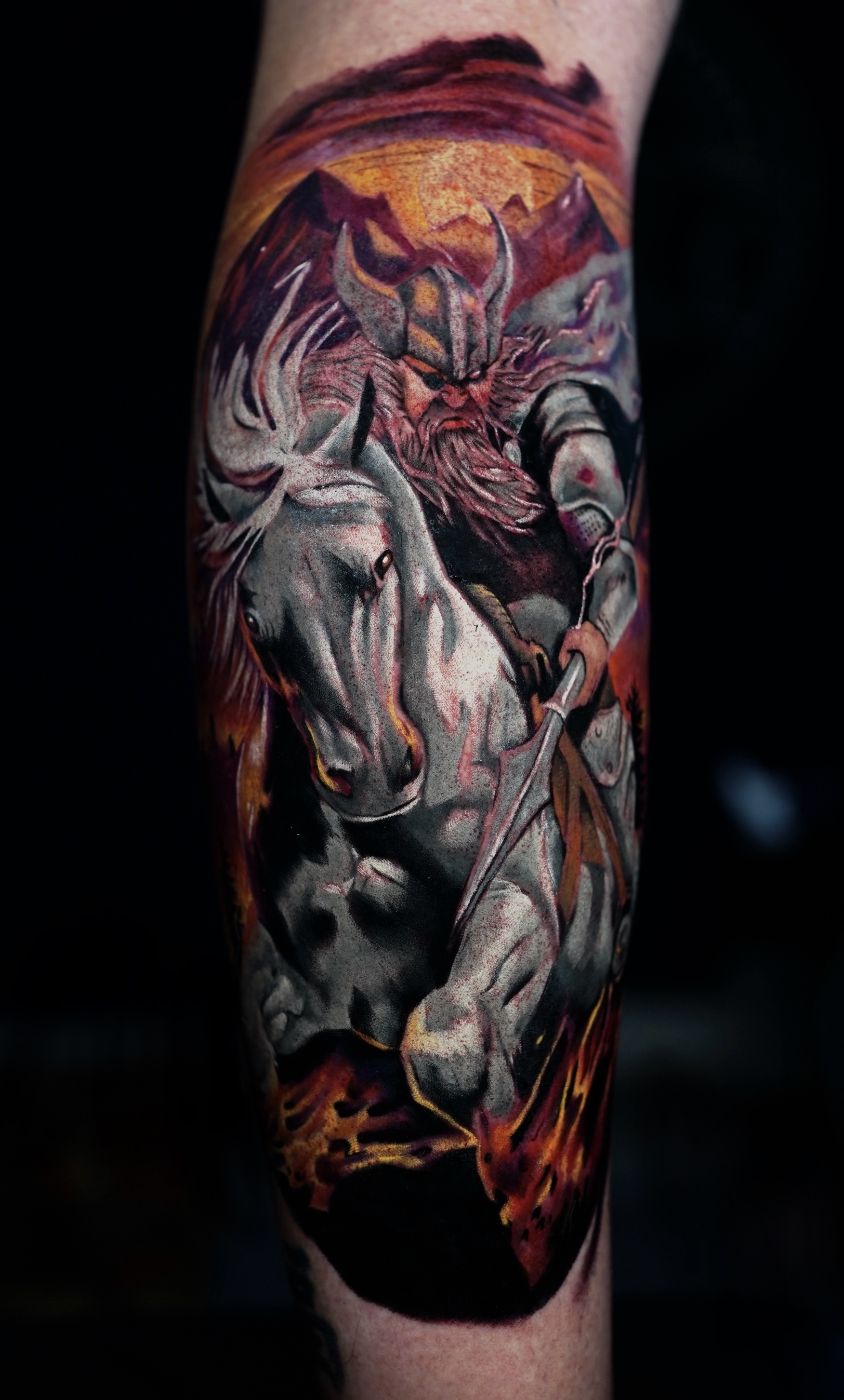 Fantasy horse color realism arm tattoo by Henry D. Flores