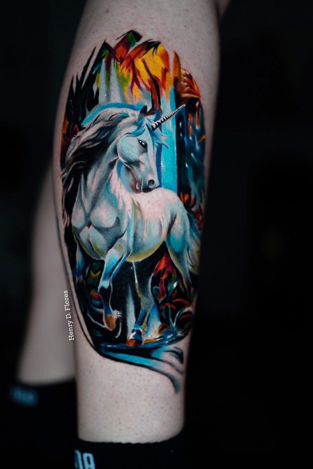 Fantasy white horse color realism tattoo by Henry D. Flores