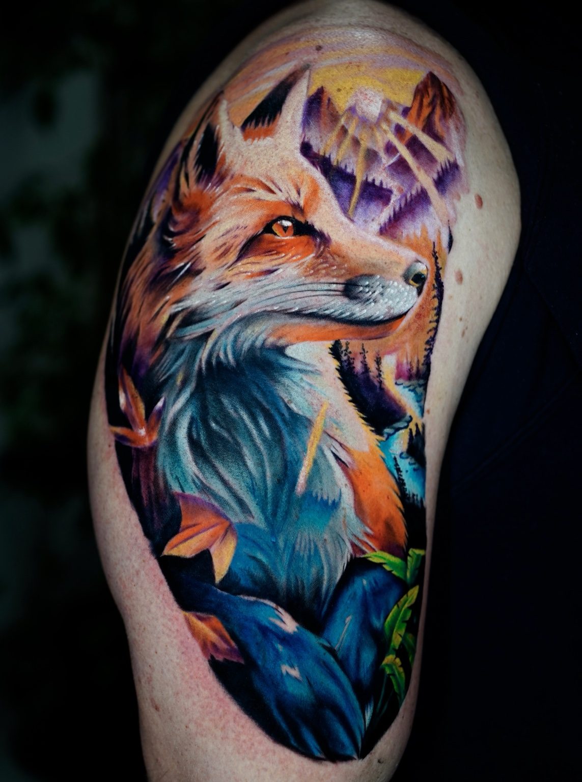 Fox and crystals color realism arm tattoo by Henry D. Flores