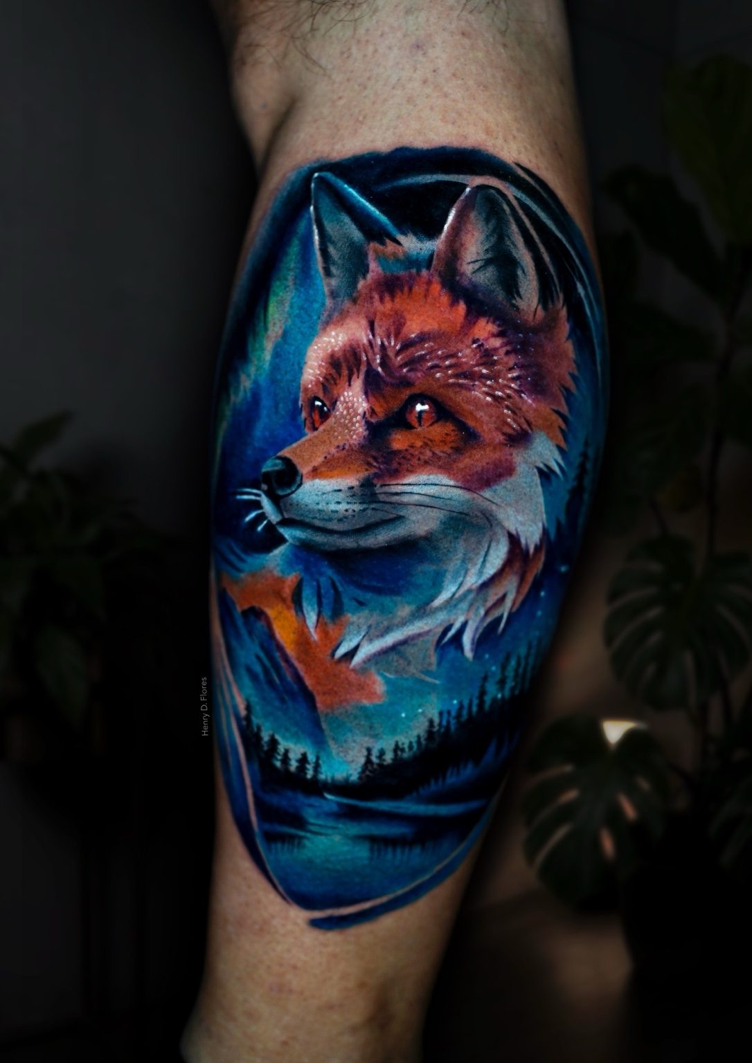Fox at night color realism arm tattoo by Henry D. Flores