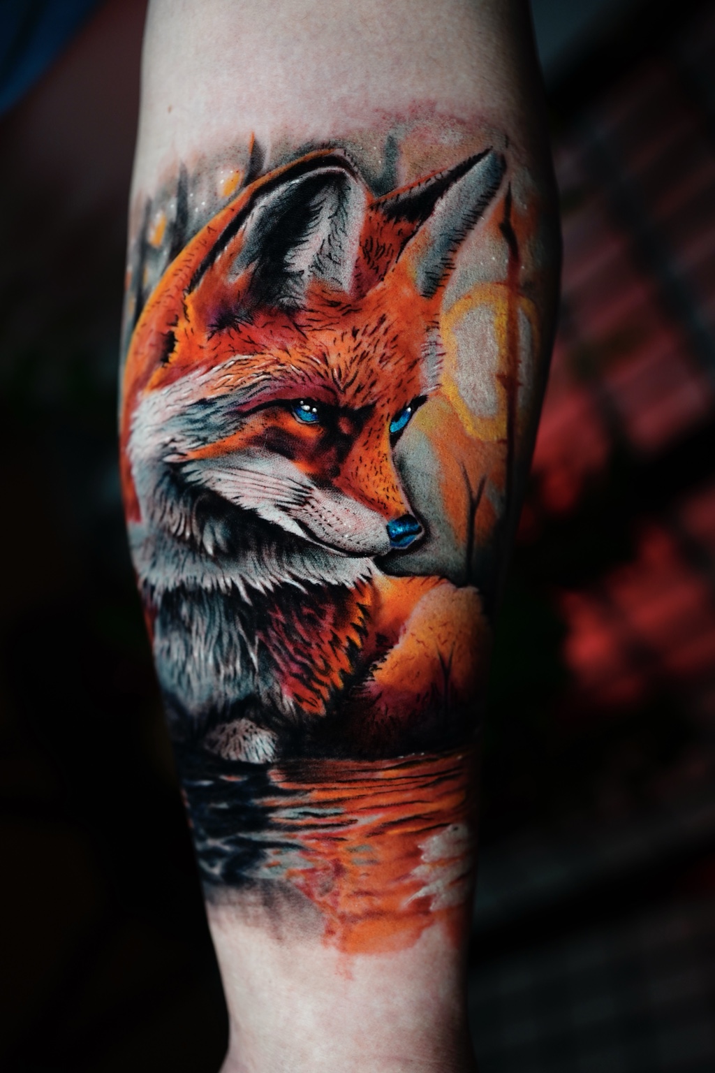 Fox watercolor realism arm tattoo by Henry D. Flores