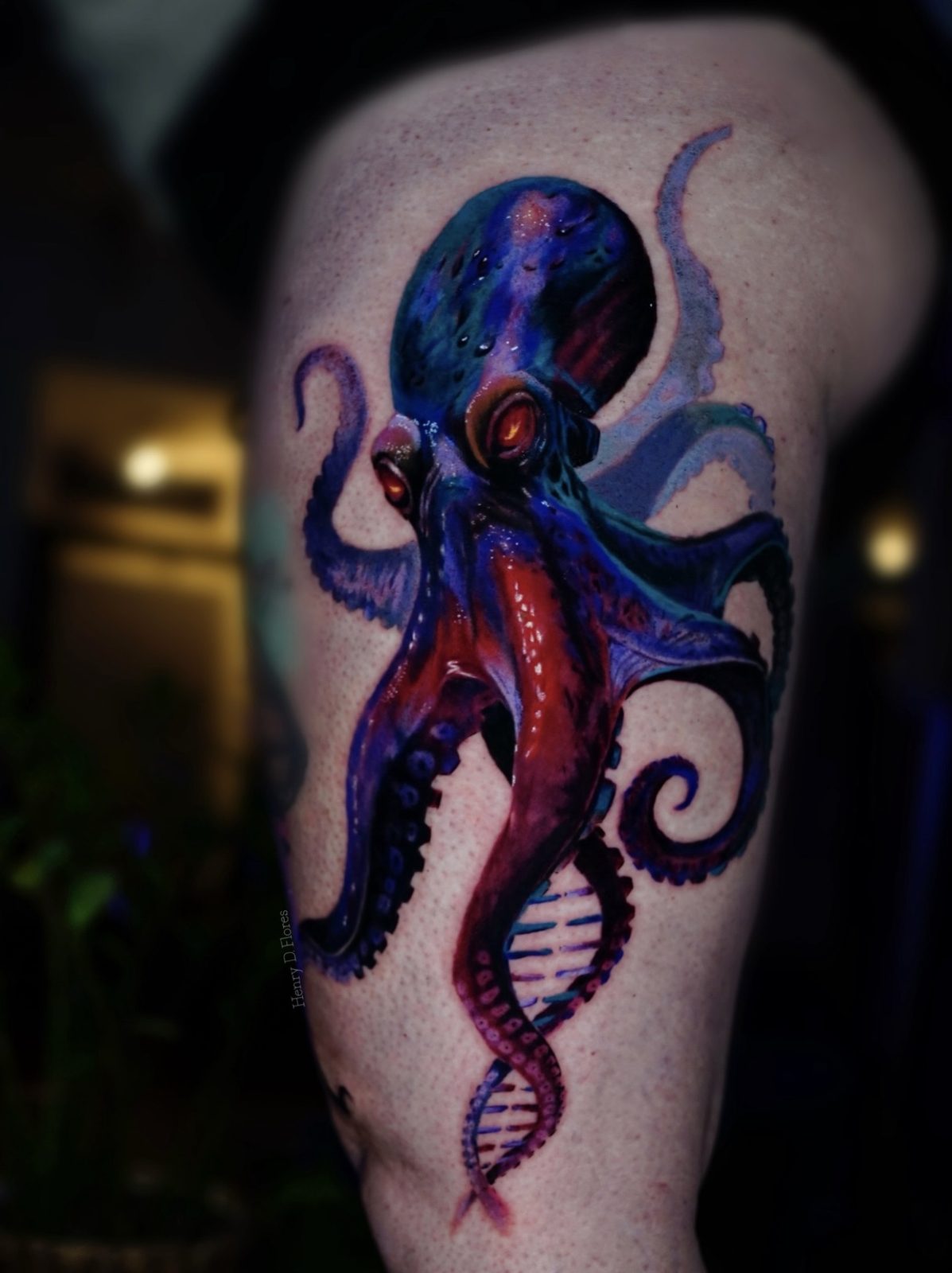 Octopus and DNA color realism tattoo by Henry D. Flores